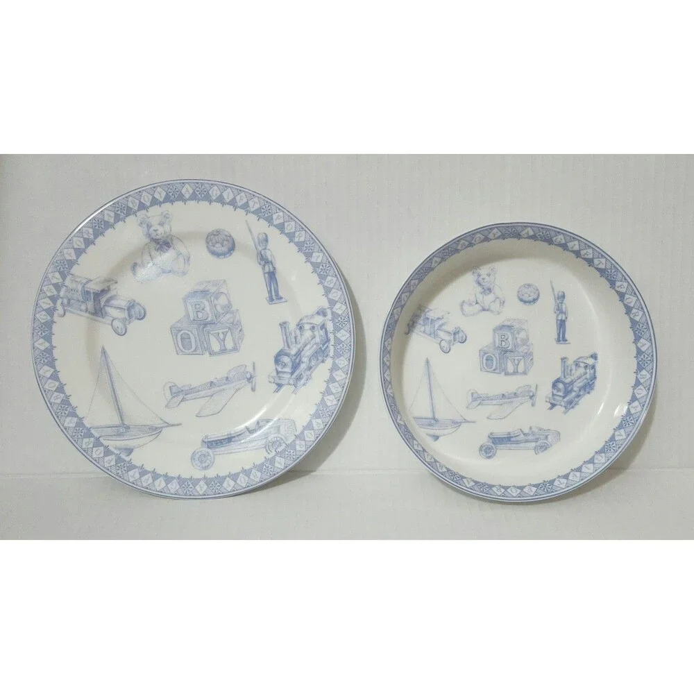 Queen's Porcelain Plate and Bowl Set for Boys White Blue Boys' Toys Pattern